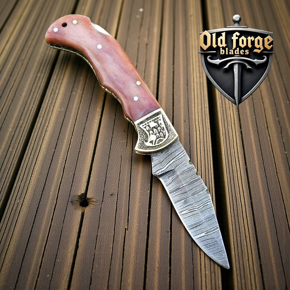 handmade camping pocket knife with damascus steel blade and bone handle