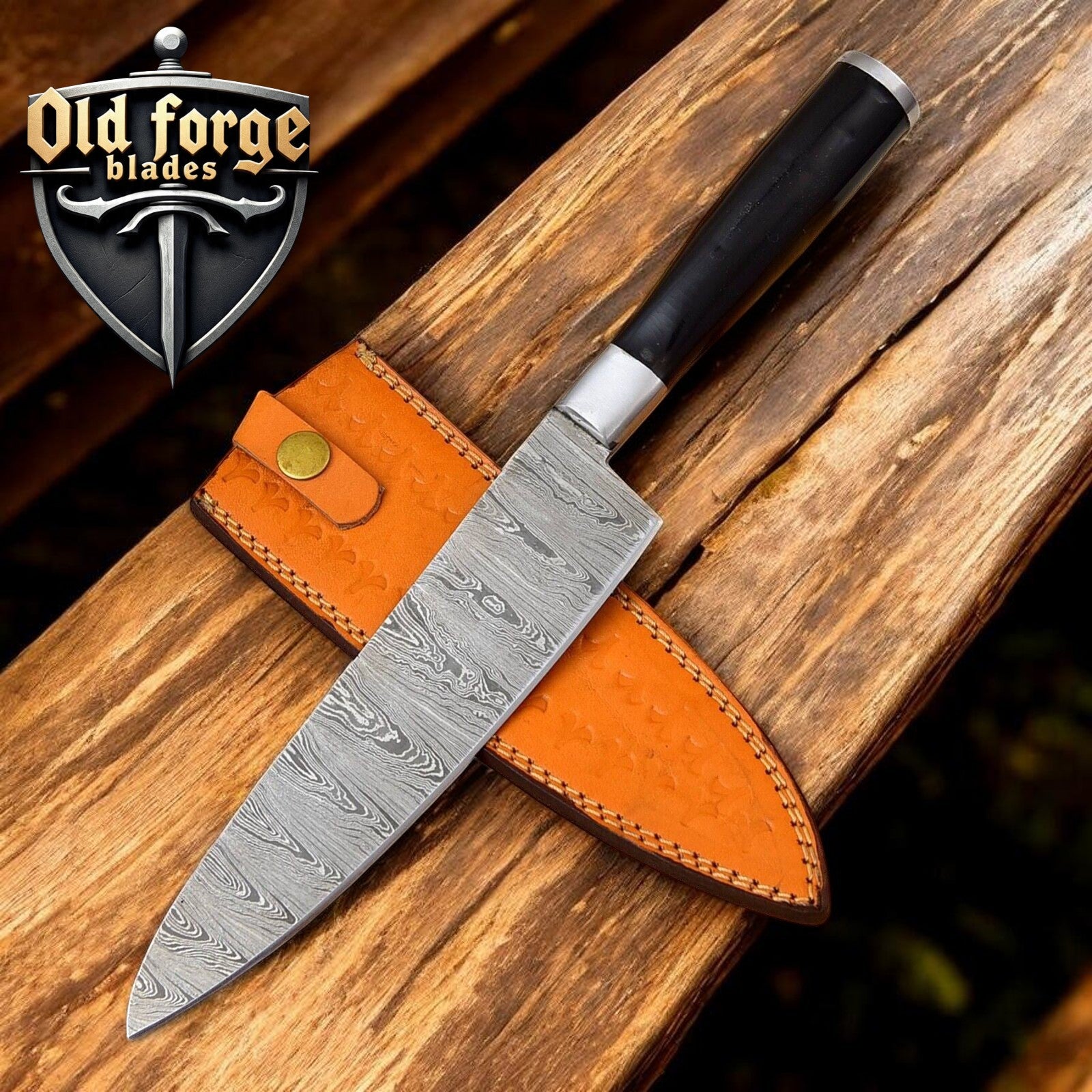 Handmade Damascus steel chef knife made in USA with Micarta handle and leather sheath