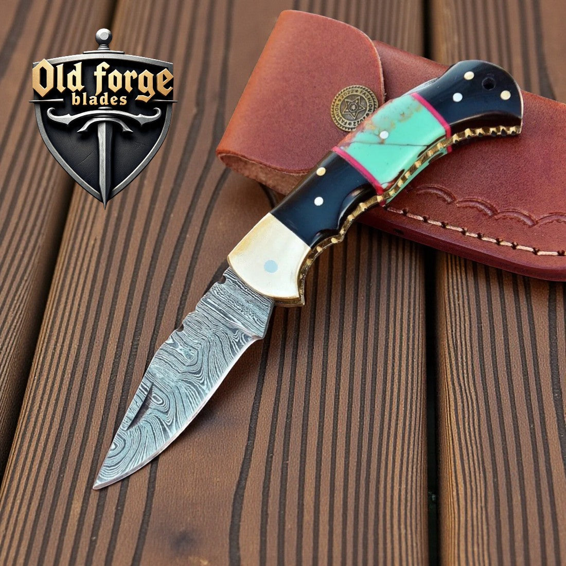 Craftsman pocket knife with Damascus steel blade and horn turquoise handle