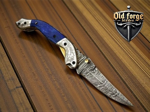 usa made pocket knife with damask steel blade blue resin handle