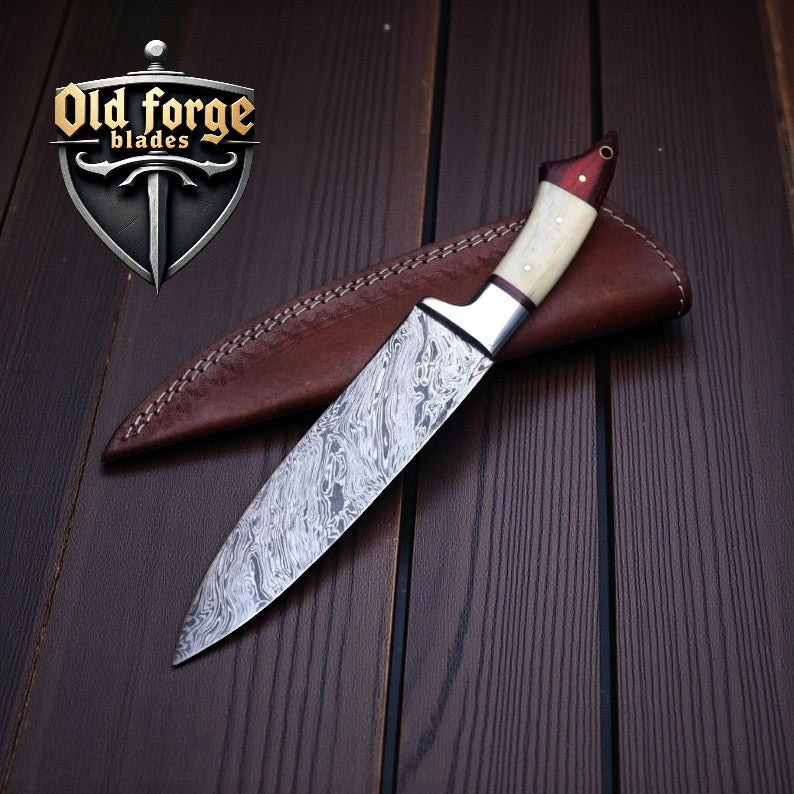 Handmade 8 inch Damascus chef knife with wood and bone handle