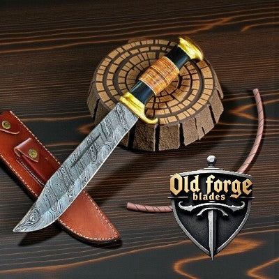 Hand Forged Damascus Bowie Hunting Knife with Buffalo Horn Handle and Leather Sheath – Domestic Steel Knives