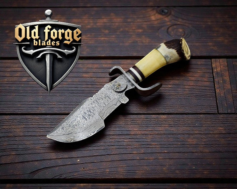 Custom Handmade Forged Damascus Knife with Stag and Bone Handle in Leather Sheath