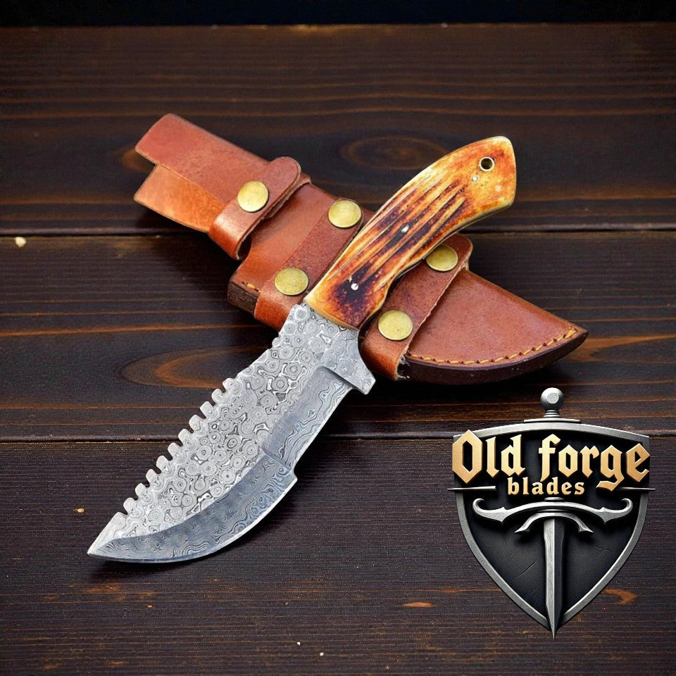 Best Damascus Knives Made in USA – 10” Handmade Tracker Knife with Burn Bone Handle