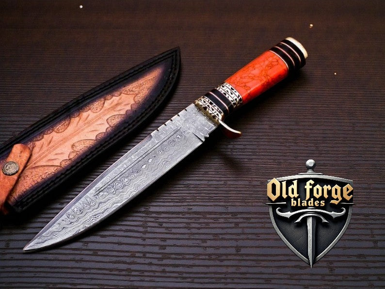 Unique handmade Damascus hunting knife with epoxy resin handle and leather sheath