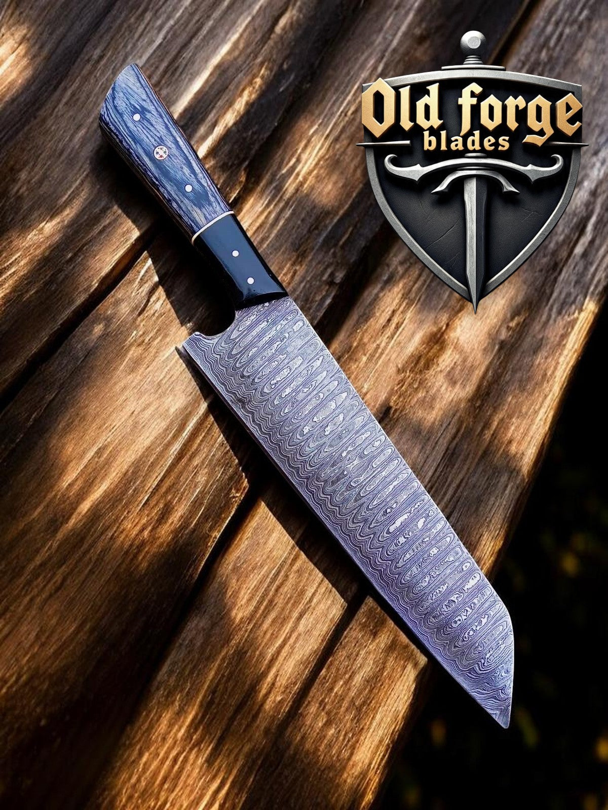 Premium chef knife German style featuring Damascus steel blade and leather sheath