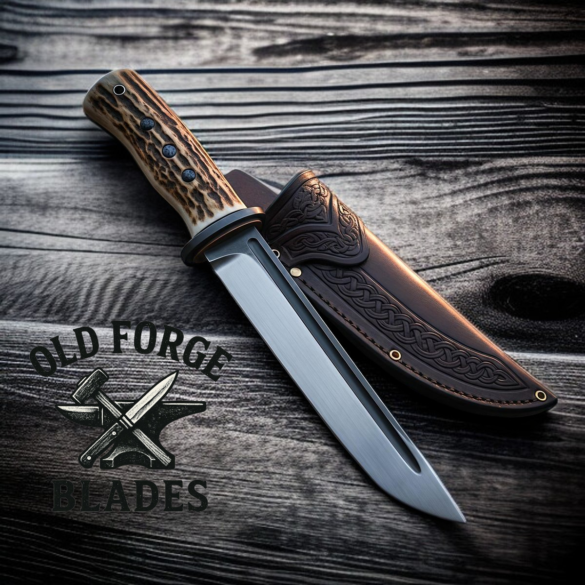 Handmade Damascus steel hunting knife with sambar stag handle