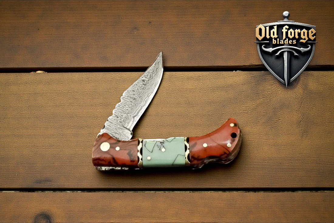 most popular pocket knife damascus steel folding knife with leather sheath