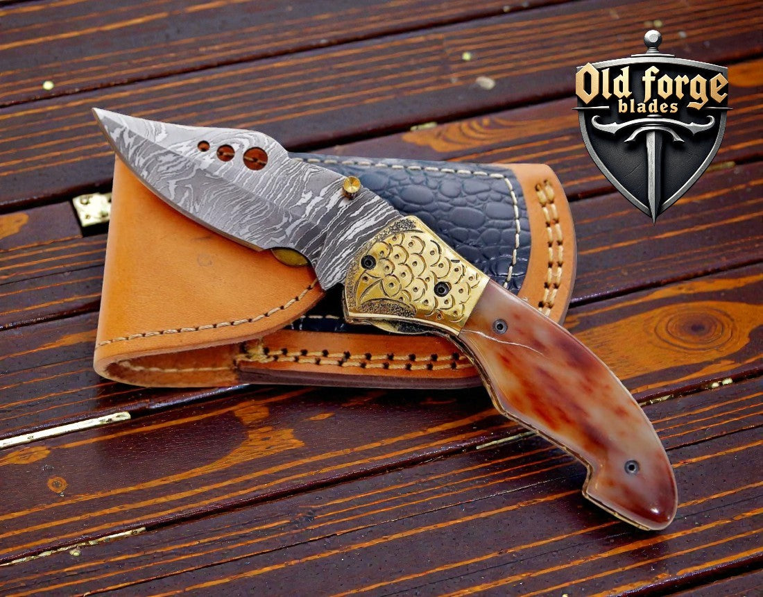 unique pocket knife with damascus steel blade and colored bone handle