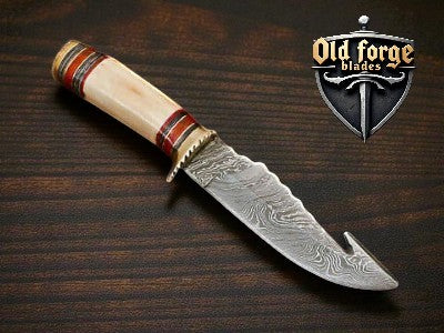 Custom American made Damascus steel gut hook hunting knife with bone handle