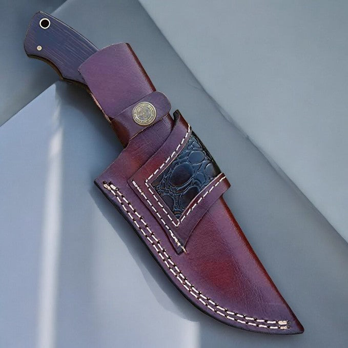 Premium 10-inch Damascus knife displayed with protective sheath