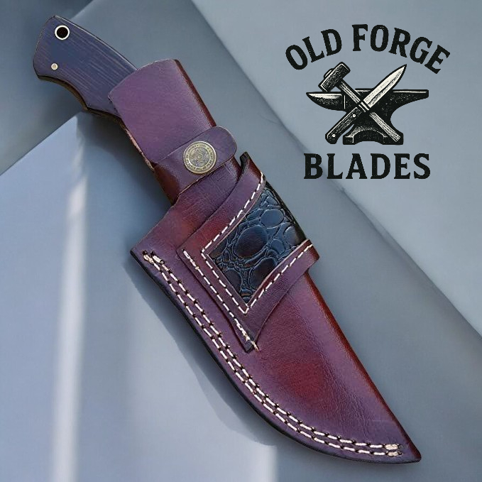 Leather knife sheath with decorative stitching on a gray background, featuring the 'Old Forge Blades' logo.