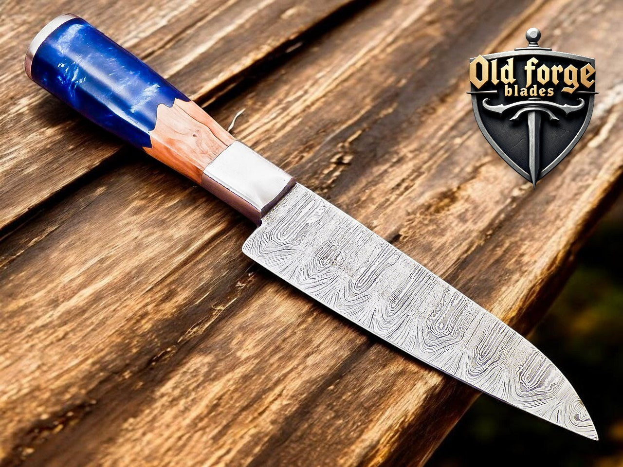 Hand forged Damascus steel chef knife with resin wood handle