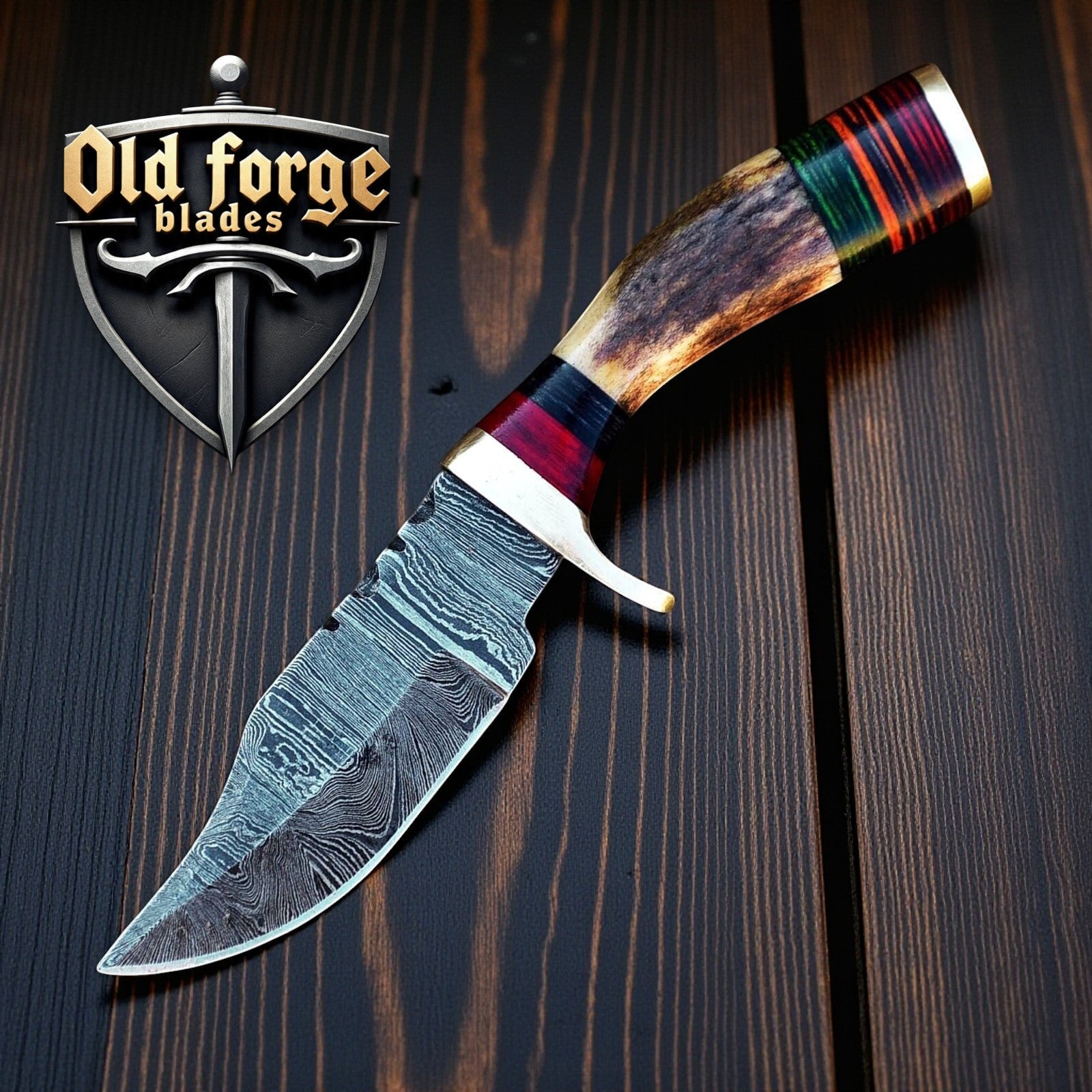 Custom handmade Damascus hunting knife with stag antler handle and leather sheath