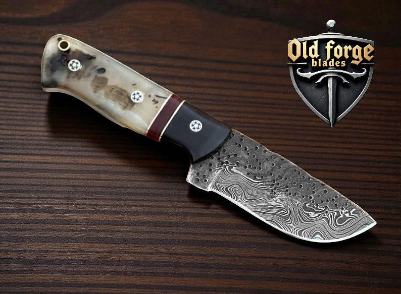 Handmade damascus cutlery hunting knife with buffalo and sheep horn handle and leather sheath