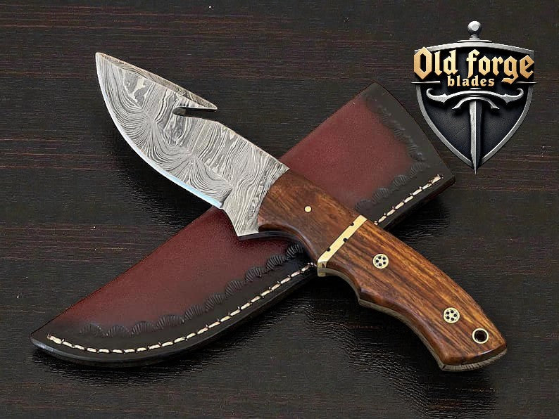 Damascus steel switchblade gut hook hunting knife with rosewood handle and leather sheath