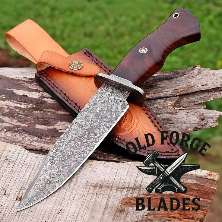  Rosewood handle Damascus knife with leather sheath
