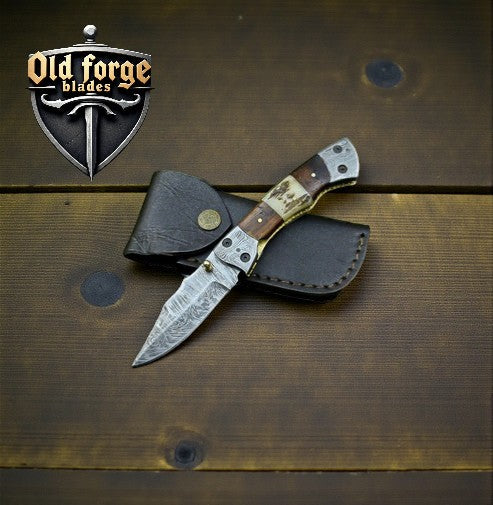 Damascus steel pocket knife with stag horn and rosewood handle liner lock EDC knife