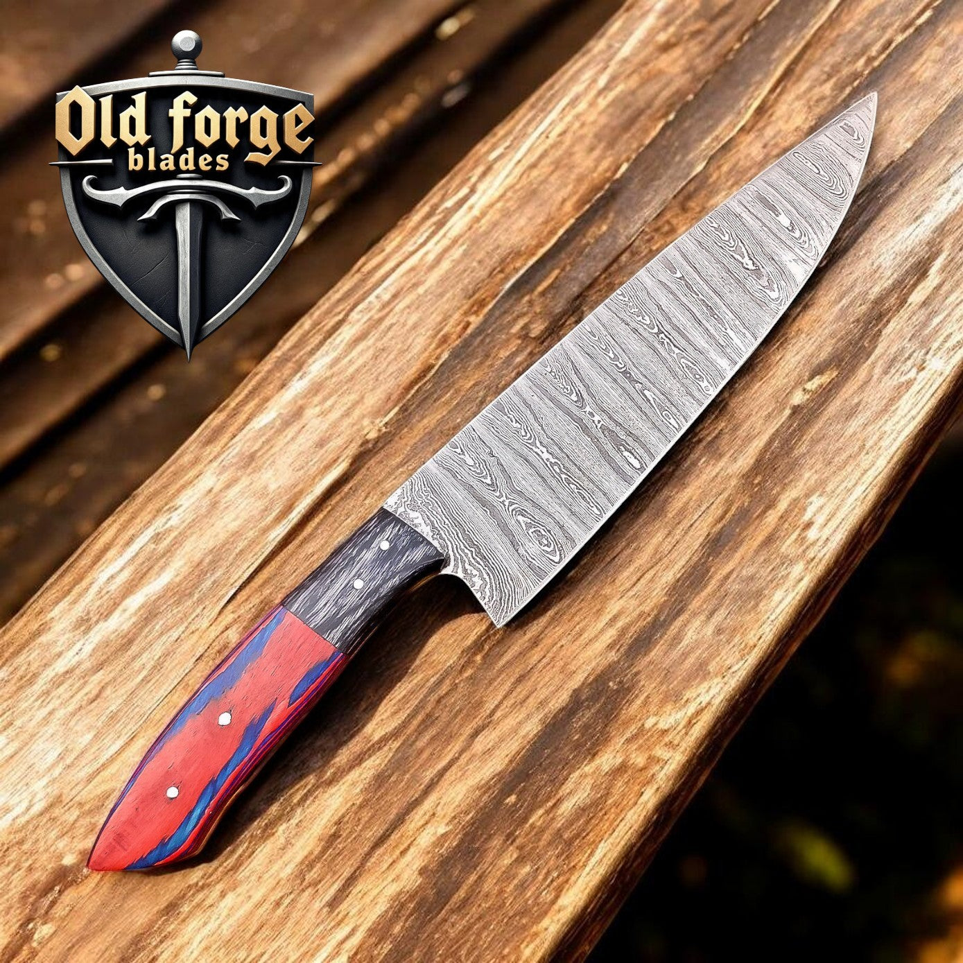 Camping chef knife featuring 8 inch Damascus steel blade and wooden handle