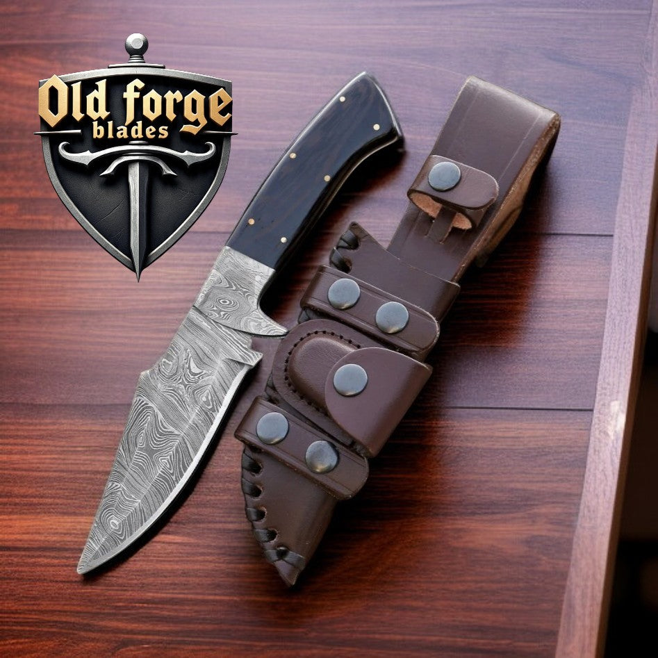 Handmade Damascus deer knife set with wood handle and leather sheath