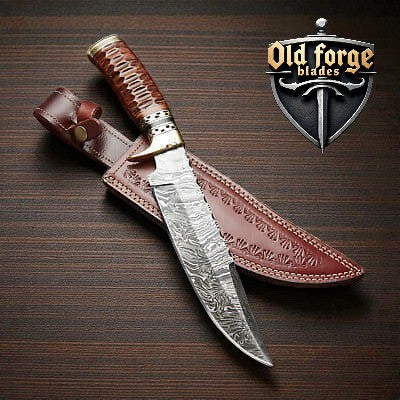 High-end hunting Bowie knife with Rosewood handle and brass guard in premium leather sheath