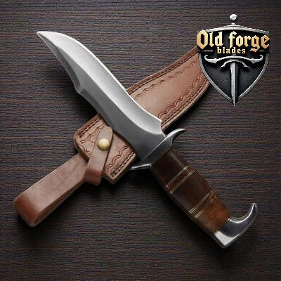 Handmade American made carbon steel Bowie knife with wood handle and leather sheath