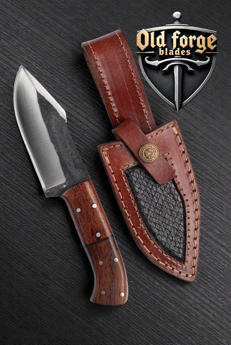 Handmade high carbon steel bushcraft knife with rose wood handle and leather sheath