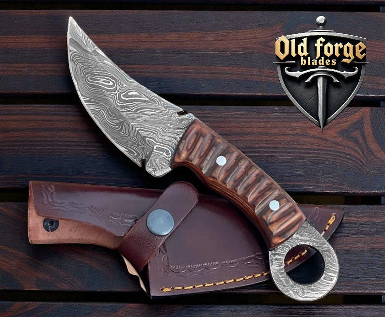 Handmade American made Damascus hunting knife with wood handle and leather sheath
