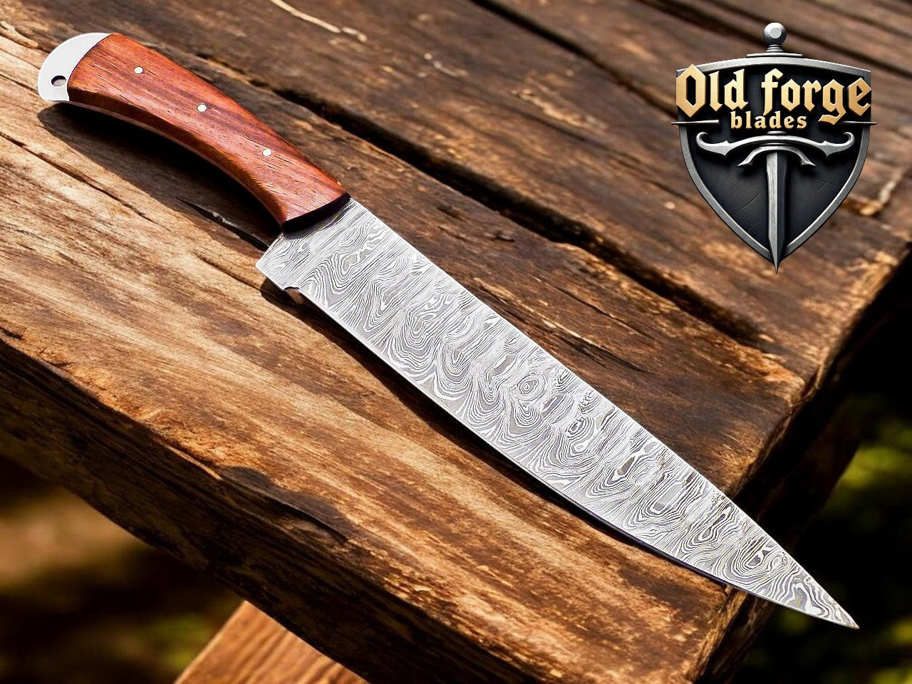 Handmade Damascus chef's knife with 8-inch Damascus steel blade and rosewood handle