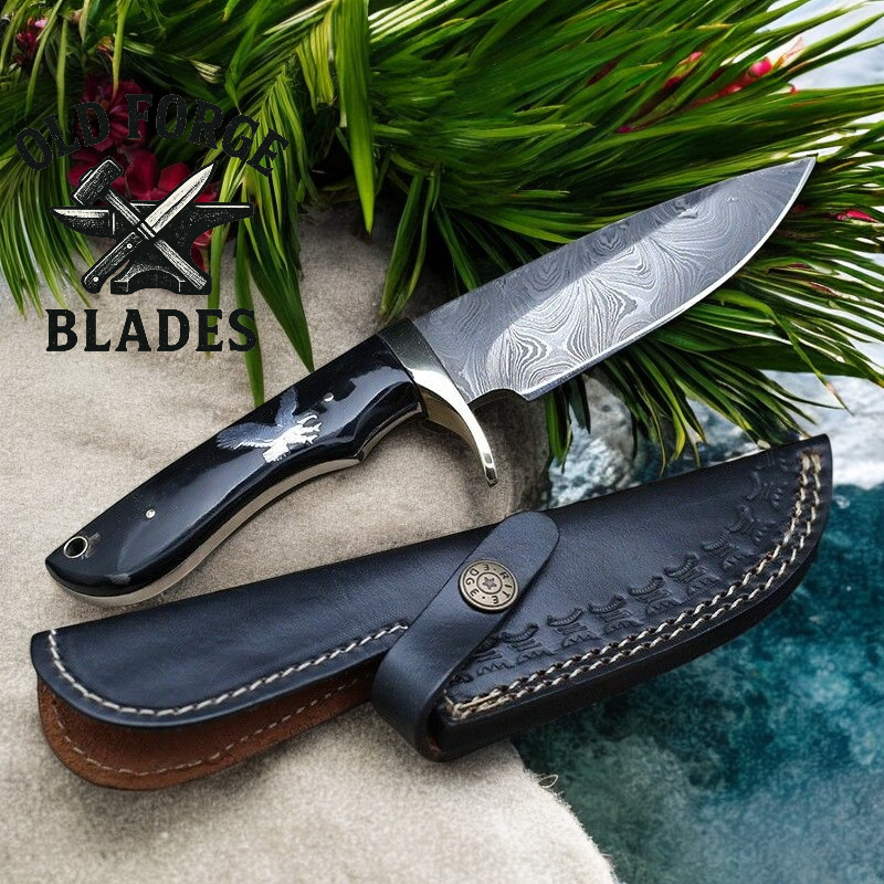 Damascus knives with eagle engraved black resin handle