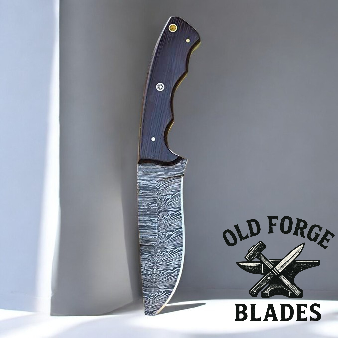 Knife with a wooden handle on a gray background, featuring the 'Old Forge Blades' logo.