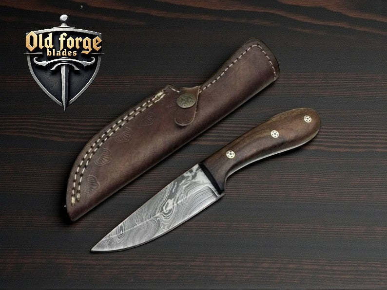 Handmade Damascus automatic skinning knife with olive wood handle and leather sheath