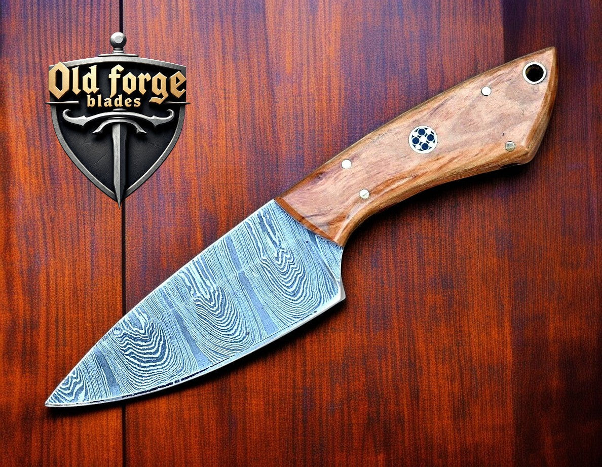 Handmade Damascus knife blade skinner with wooden handle and leather sheath