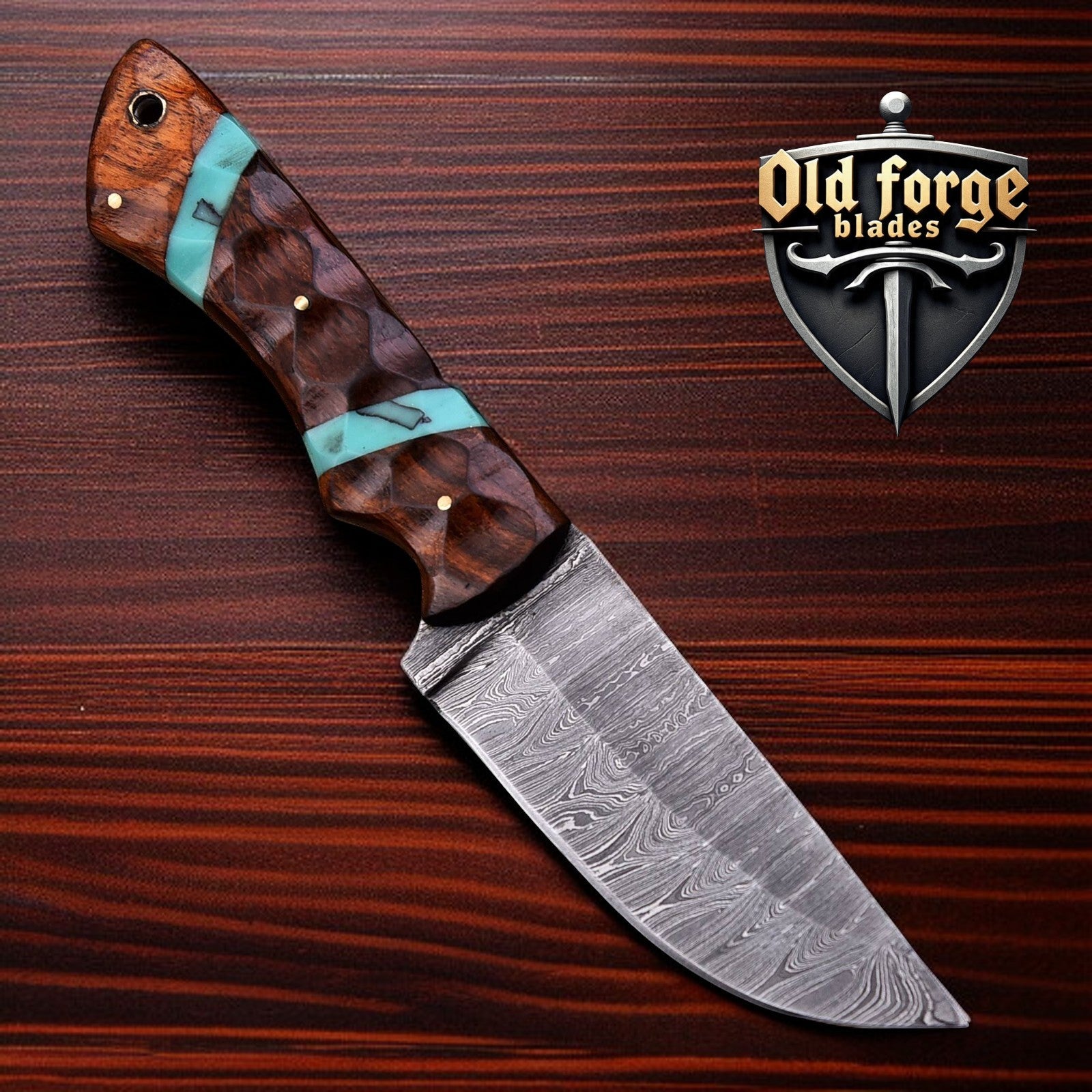 Custom handmade damascus knofe hunting knife with rosewood handle and leather sheath