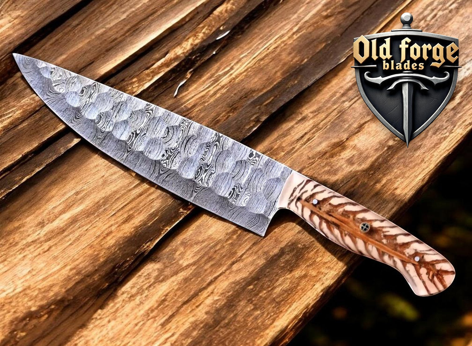 Personalized Damascus chef knife with Pine Cone handle and leather sheath