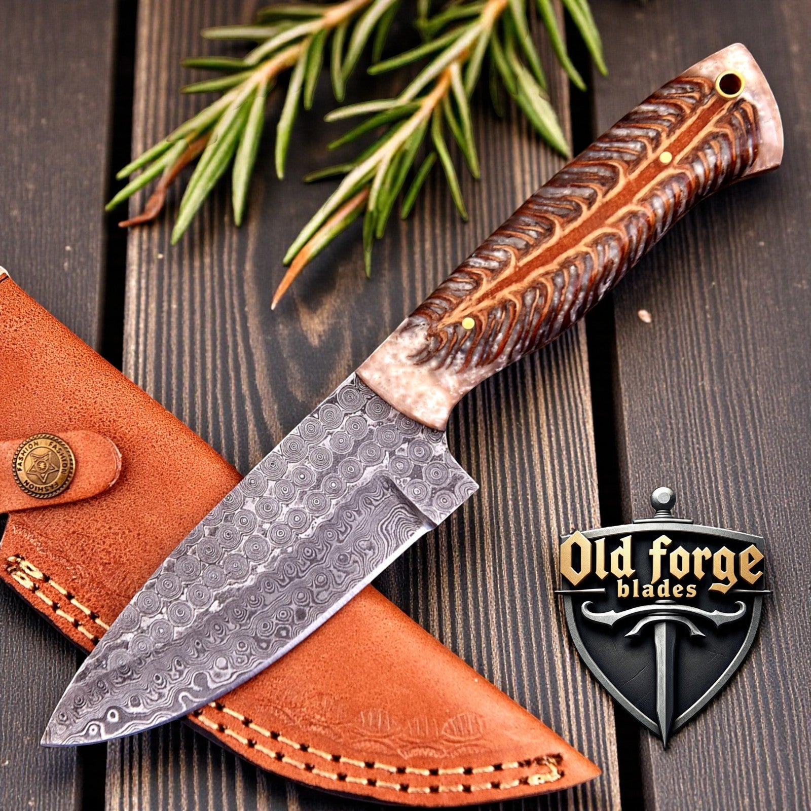 Damascus hunting knife with pinecone resin handle and leather sheath