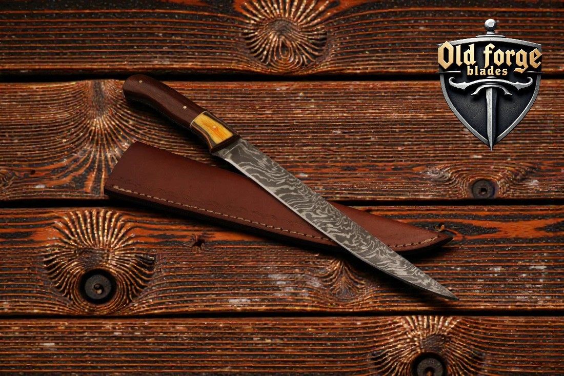 Handmade damascus finland fillet knife with exotic wood handle and leather sheath