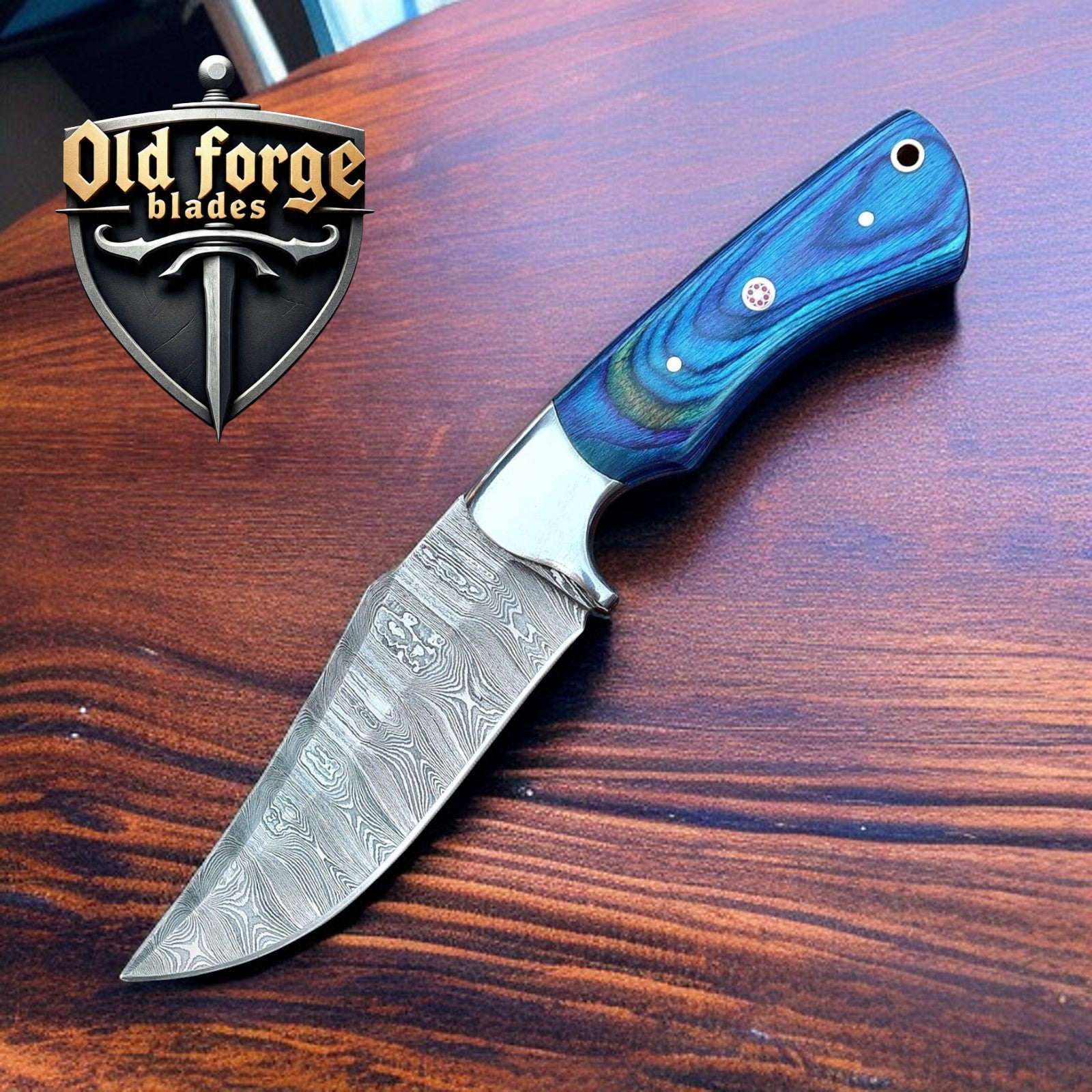 Hand made damascus knife with exotic wood handle and leather sheath