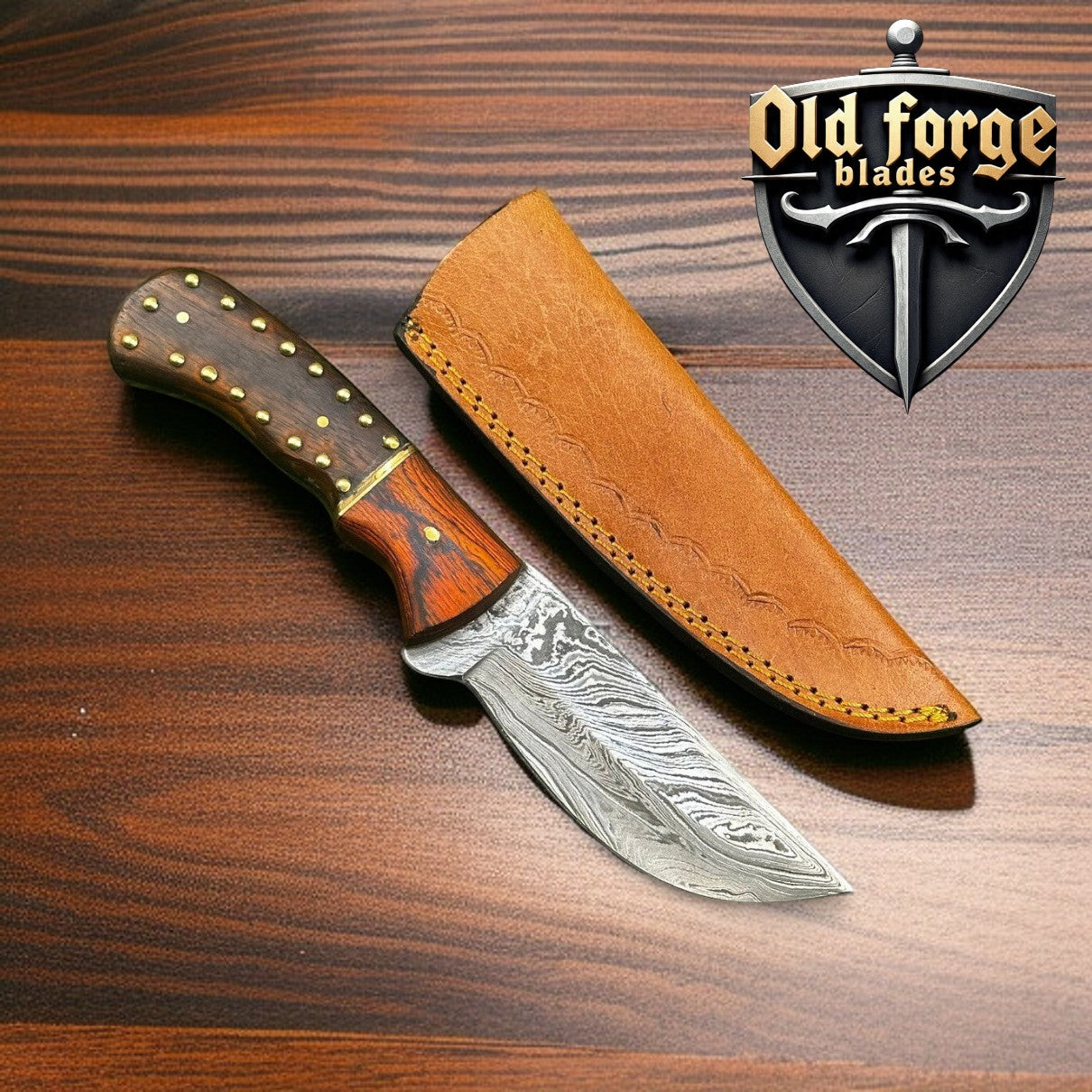 Handmade damascus steel hunting knife with wooden handle and leather sheath