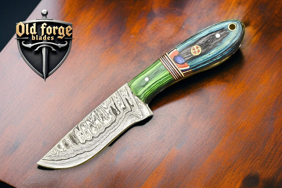 Handmade Damascus hunting knife with green blue handle and leather sheath