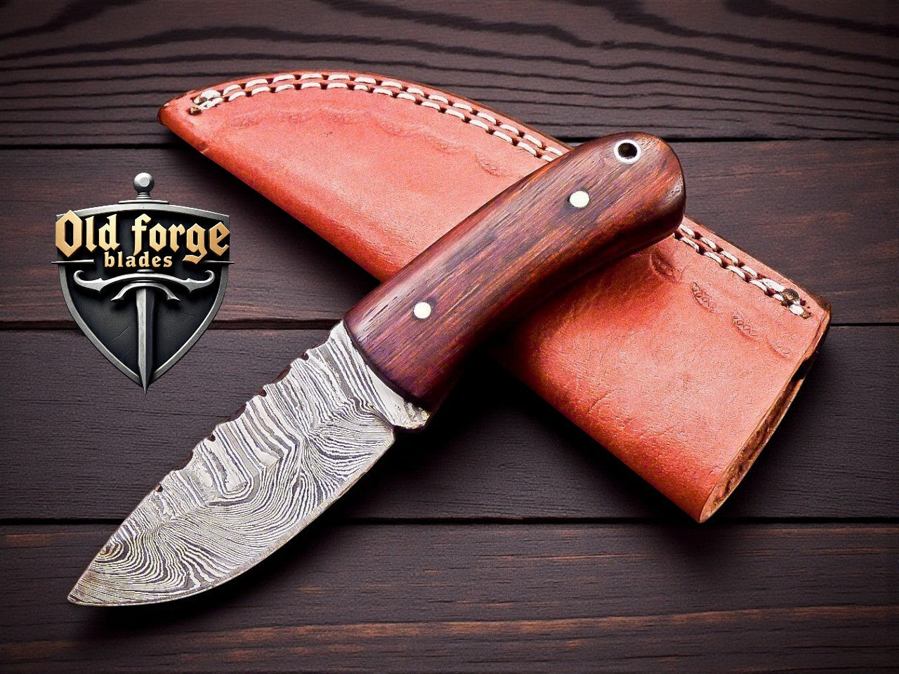 American made damascus hunting knife with wooden handle and leather sheath