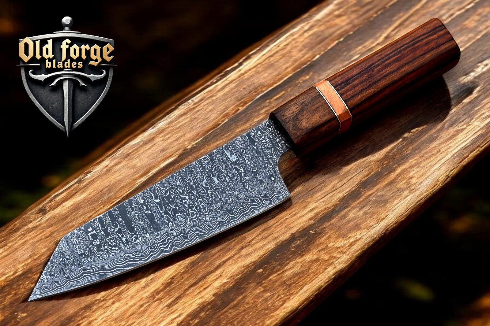 Custom Damascus chef knife with 8 inch Damascus steel blade and polished rosewood handle