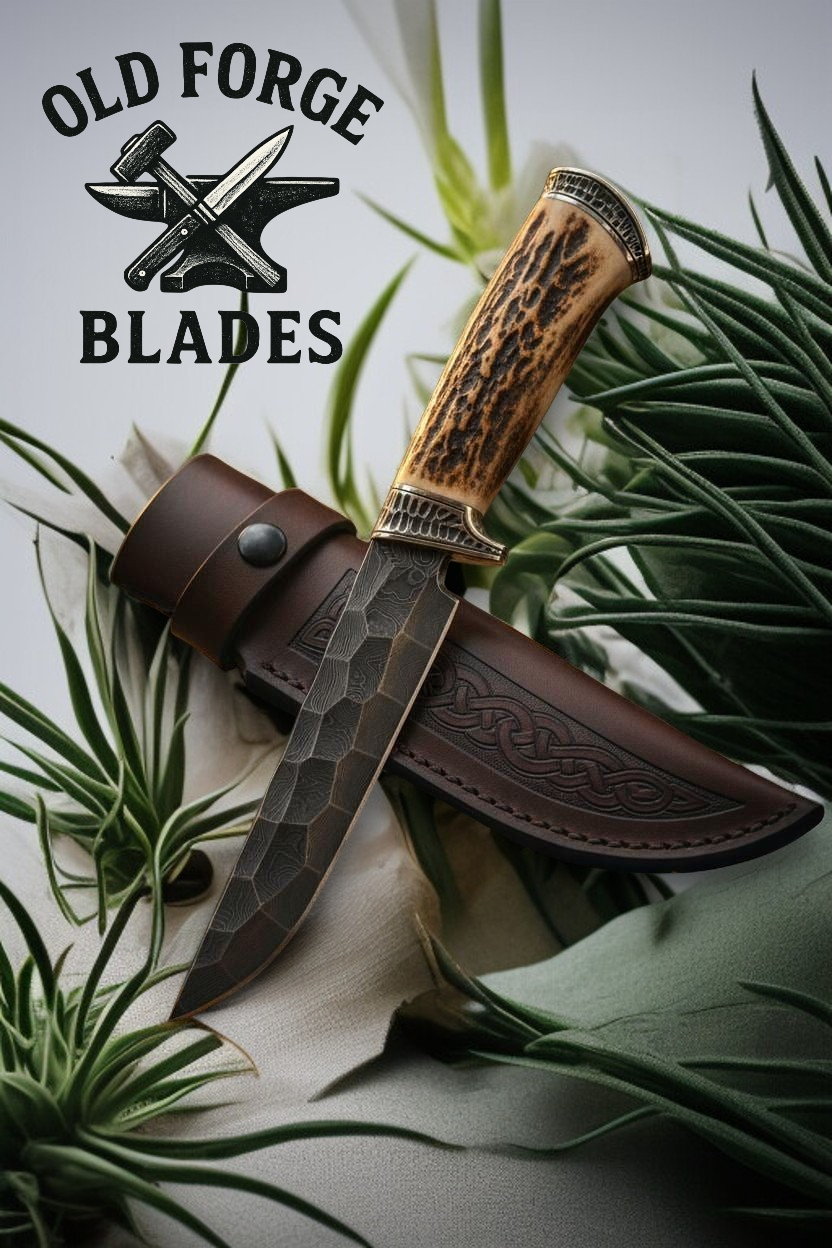 Custom Damascus knife with deer horn handle and leather sheath