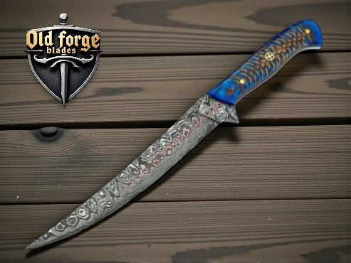 Premium Damascus fillet knife with pine-cone resin handle and leather sheath for precise saltwater fish filleting