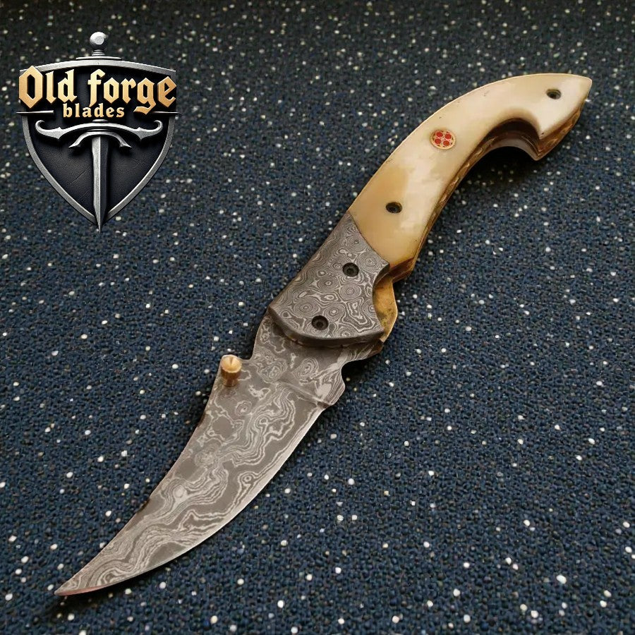 damascus steel knife made in usa with bone handle pocket knife