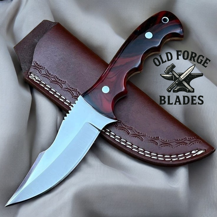 Damascus steel knife for sale with red and black resin handle