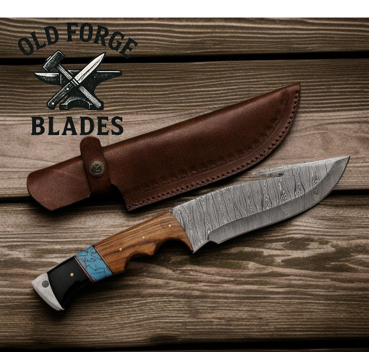 Handmade Damascus steel hunting gut hook knife with walnut and rosewood handle and leather sheath