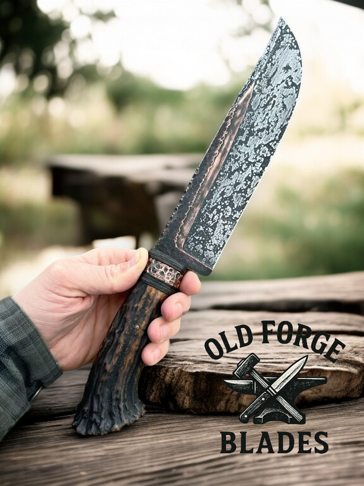 Custom handmade Damascus hunting knife with 7-inch forged blade and stag crowned frontier handle