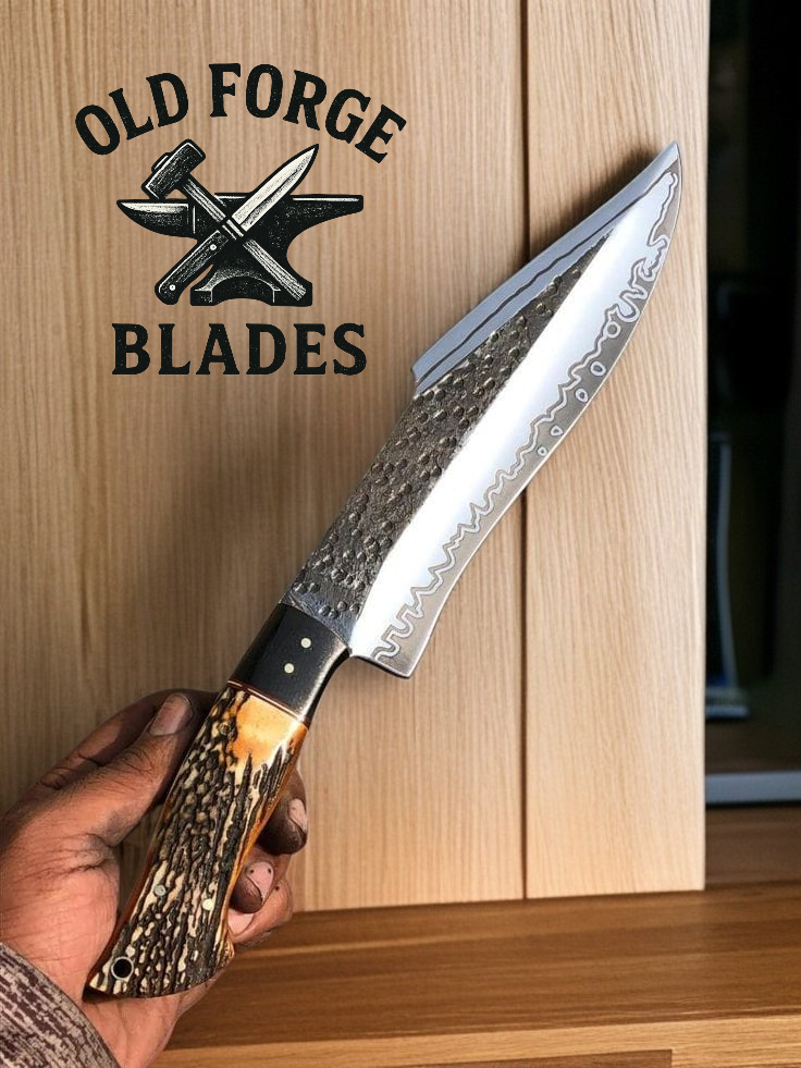 Handmade Damascus knife with 9-inch blade and antler horn handle
