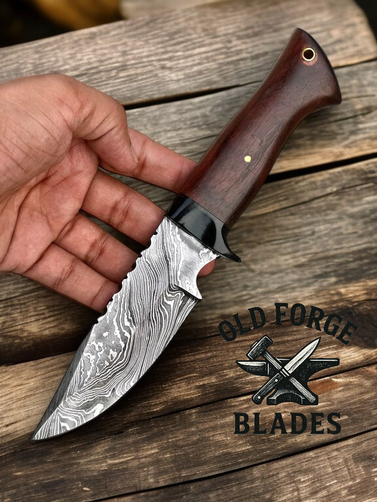 Hand forged knives made in USA Damascus hunting knife with rosewood handle and leather sheath